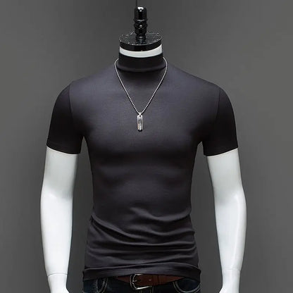 Fashion Men'S Summer Korean Style plus Size Harajuku T-Shirt Short Sleeve High Neck Turtleneck Slim Fit Luxury Clothing Male